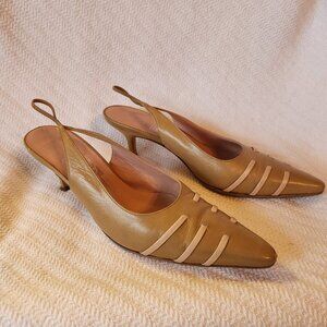 Women's Ferragamo Kitten Heel Slingback Shoes Tan Triple Pink Strap Detail 7.5 B